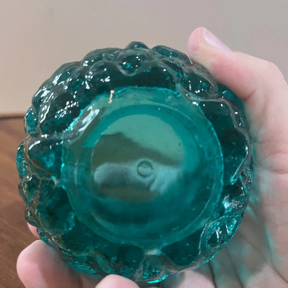 Vtg LE Smith Snowball Votive Teal Blue Textured Glass MCM Candle Holder 3
